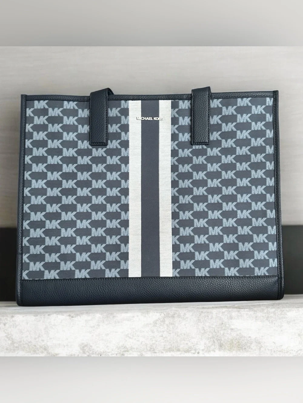 Michael Kors Men’s Black and Gray MK Logo Tote with Center Stripe